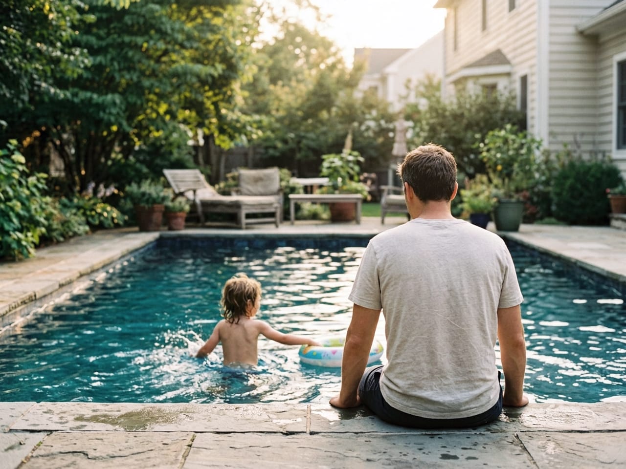 Child playing in a pool under adult supervision.